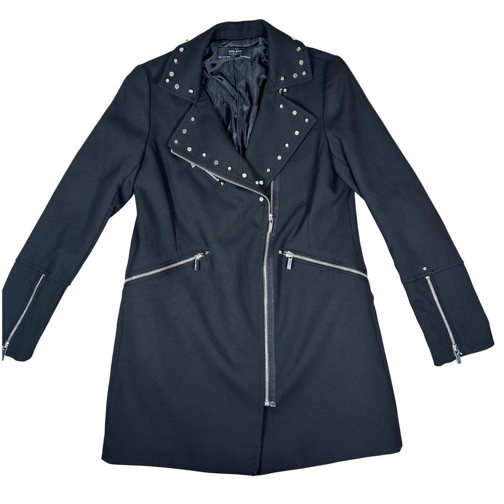Zara Black Studded Moto Coat Jacket Small Edgy punk rocker goth long bikercore